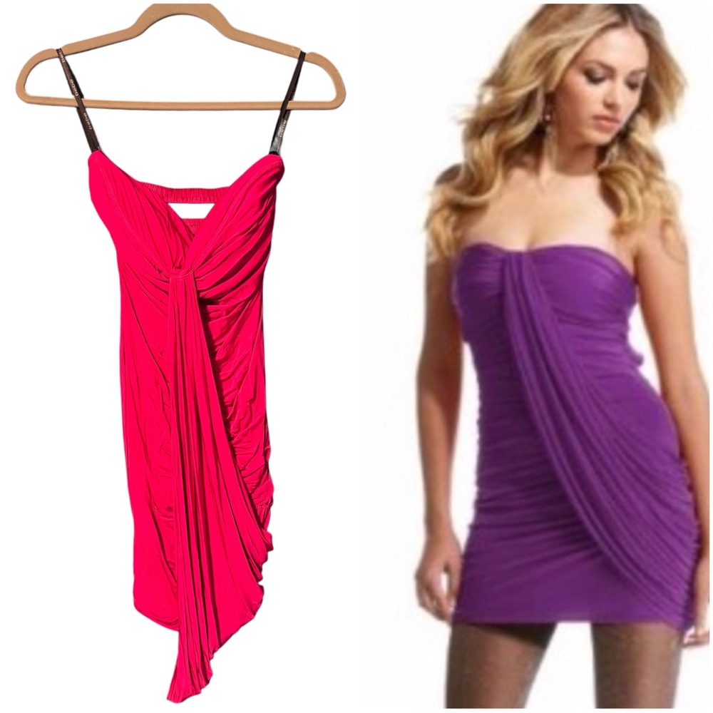 Bebe Pink Ruched Strapless Bodycon Dress